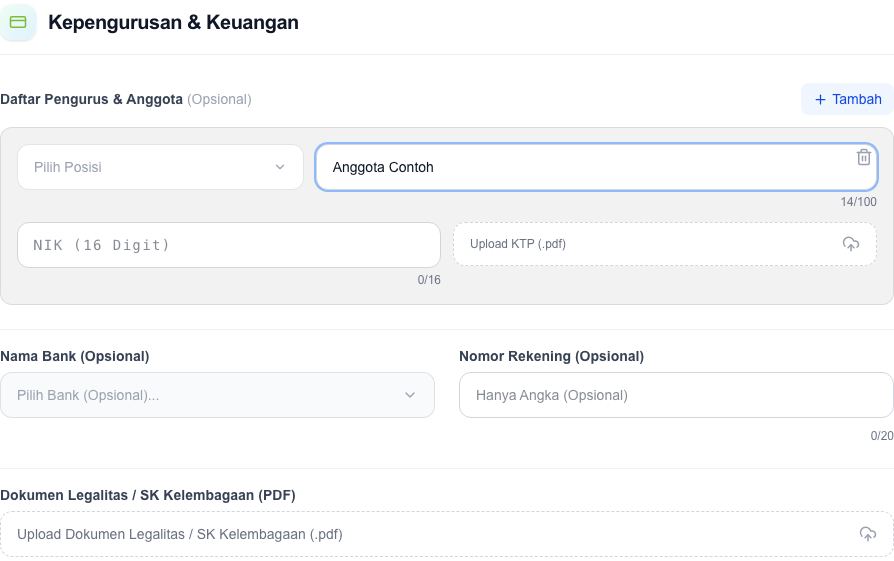 Bagian daftar pengurus, data rekening, dokumen kelompok, dan tindakan tambah anggota.