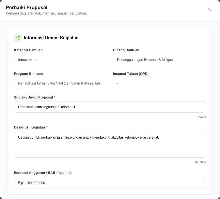 Jendela Perbaiki Proposal pada halaman pelacakan.